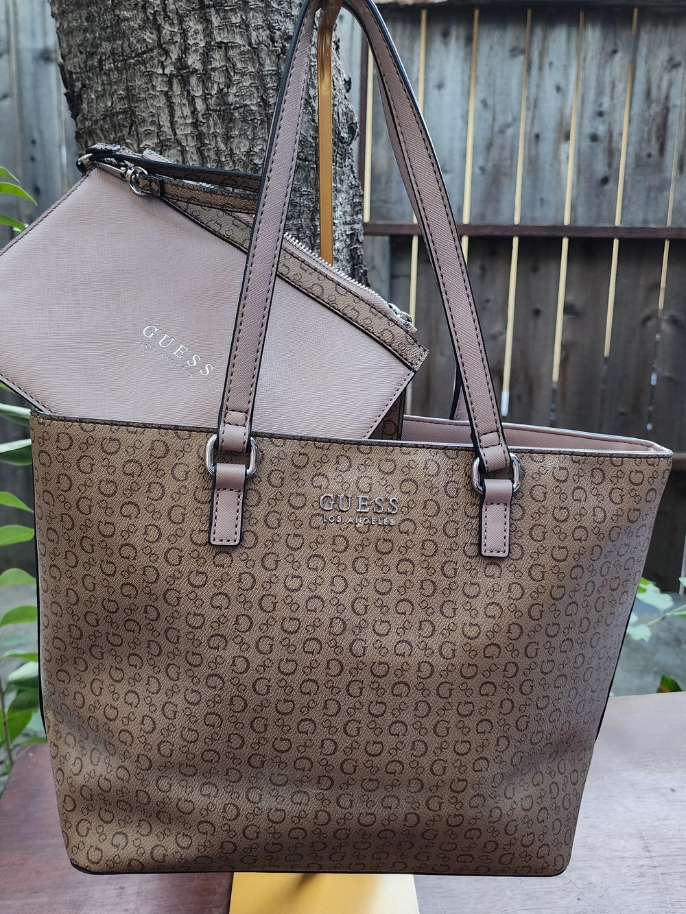 GUESS Vikky Monogram Logo Tote Bag & Removable Wristlet Pouch Set Blush Brown